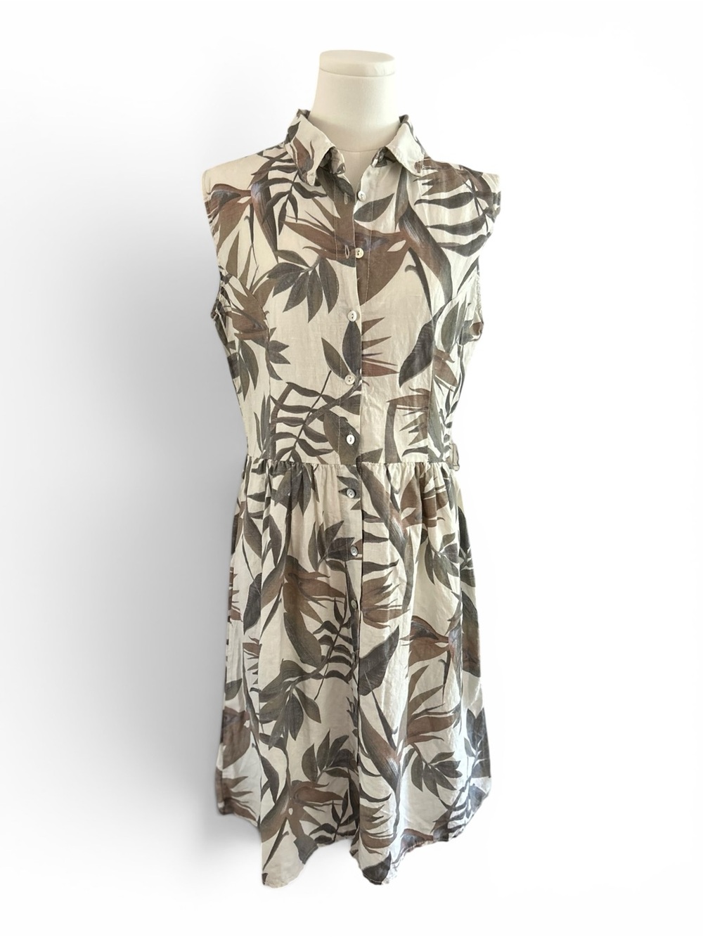 Laura Bianchi Sleeveless Shirt Dress 100% Linen Palm Leaf Tropical Neutral Small